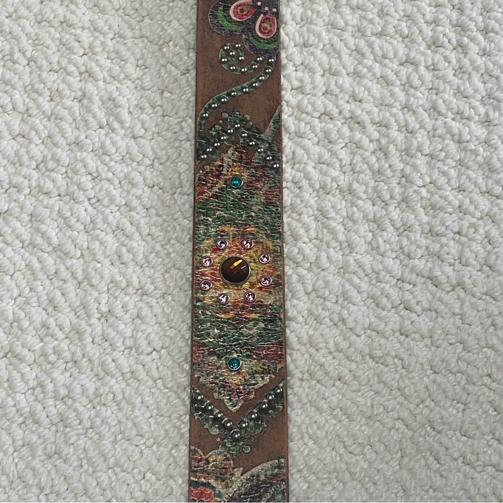 Noona Belt Co. Genuine leather bling rhinestones embroidery belt size S brown